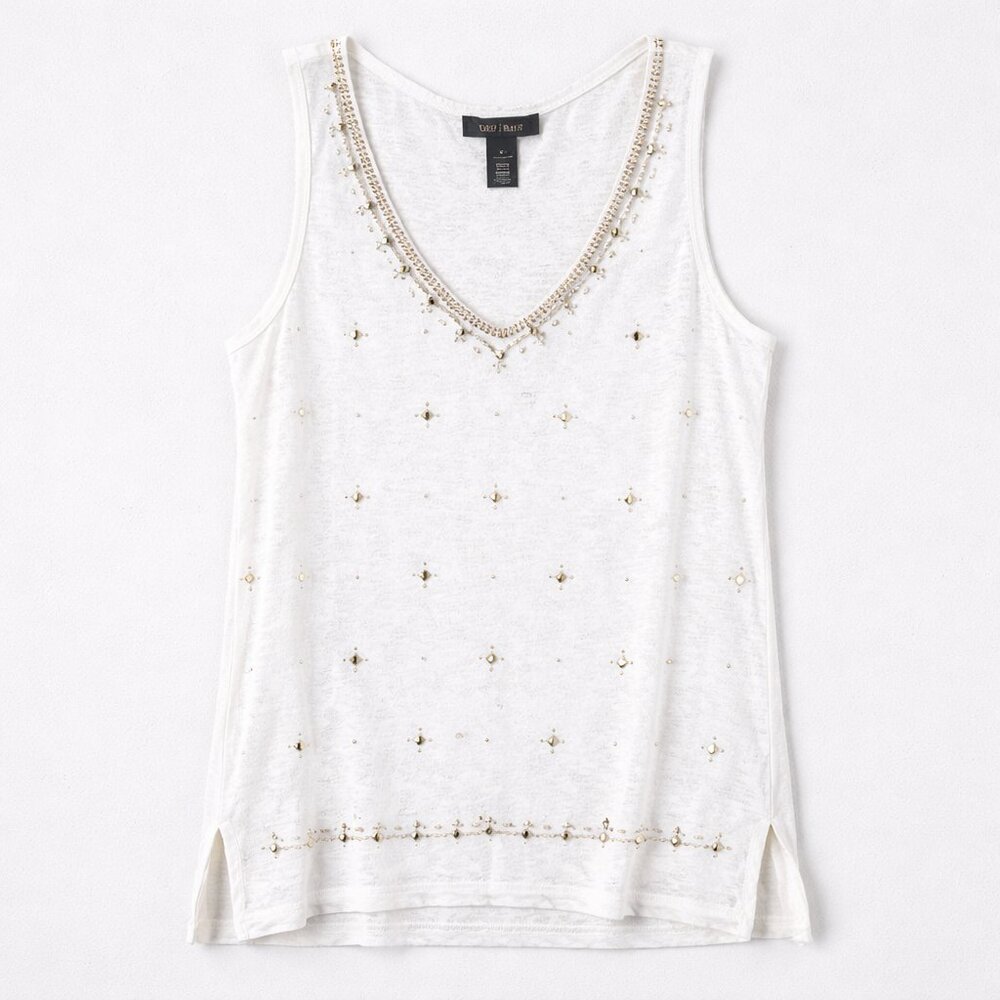 White House Black Market Beaded V-Neck Tank Cream Burnout Side Slits M